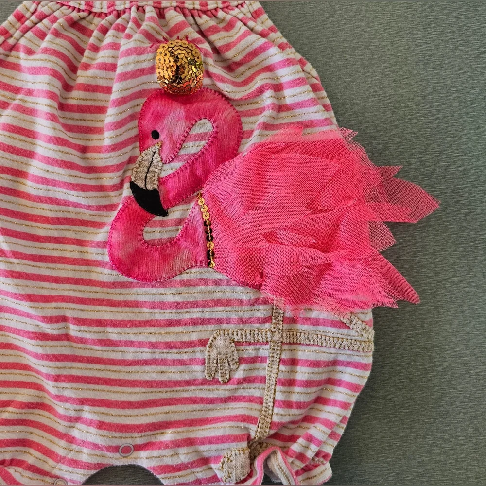 Mud Pie Baby Girl Flamingo Romper 9-12M Pink Striped Summer Outfit Cute